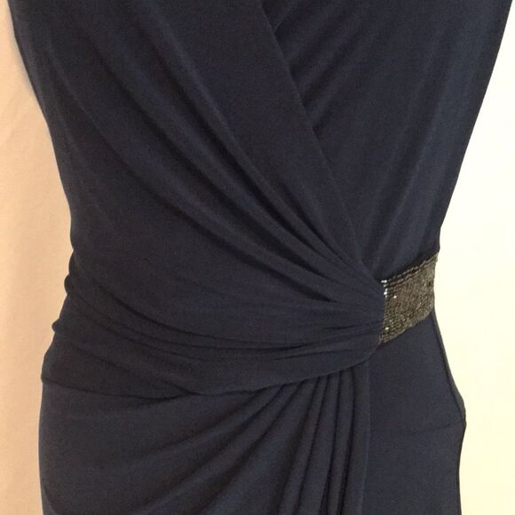 Lauren Ralph Lauren Jersey Gown Size 4 Navy Blue Rhinestone Embellishment V-Neck - Picture 9 of 16